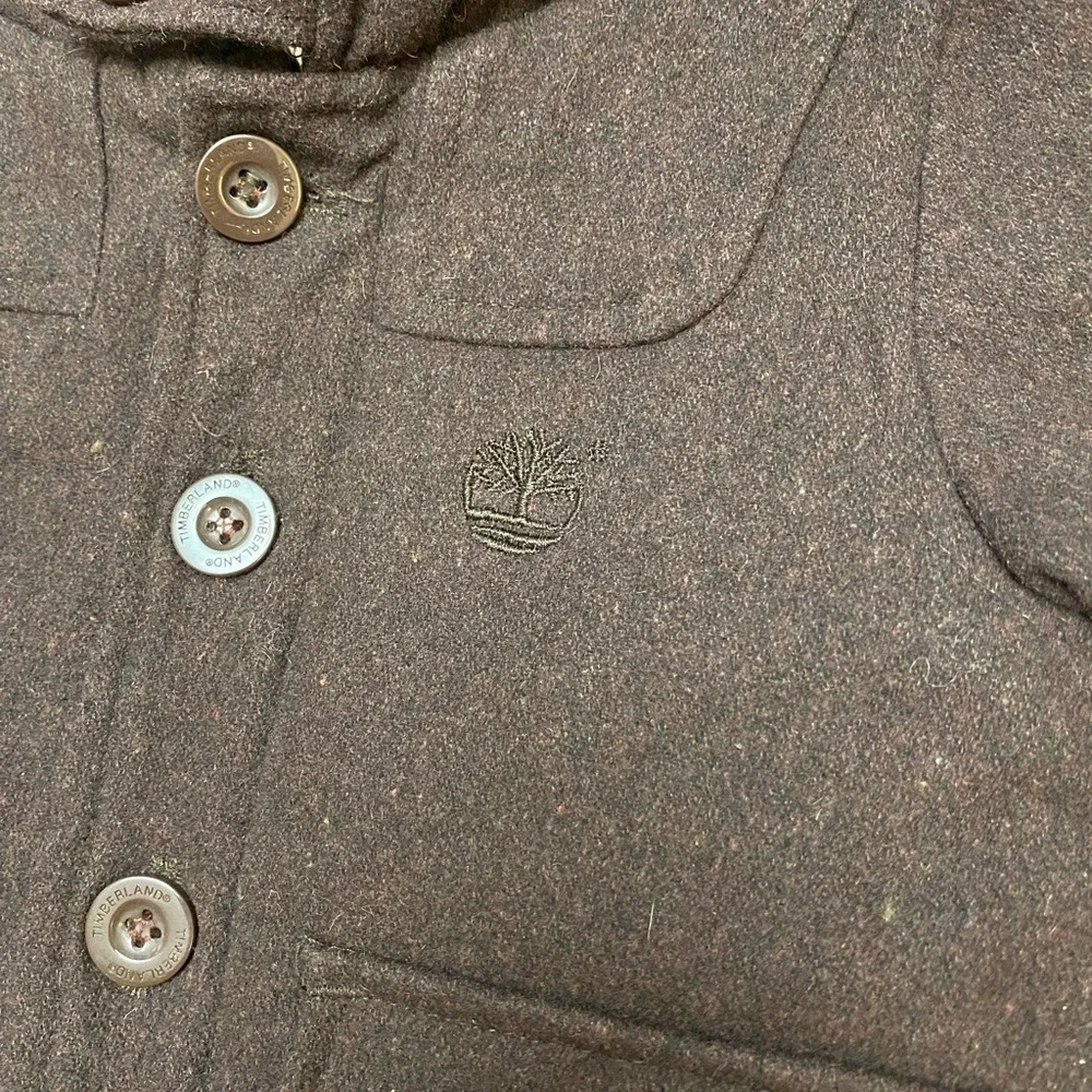 TIMBERLAND chocolate brown wool blend button down hooded coat size 12 month